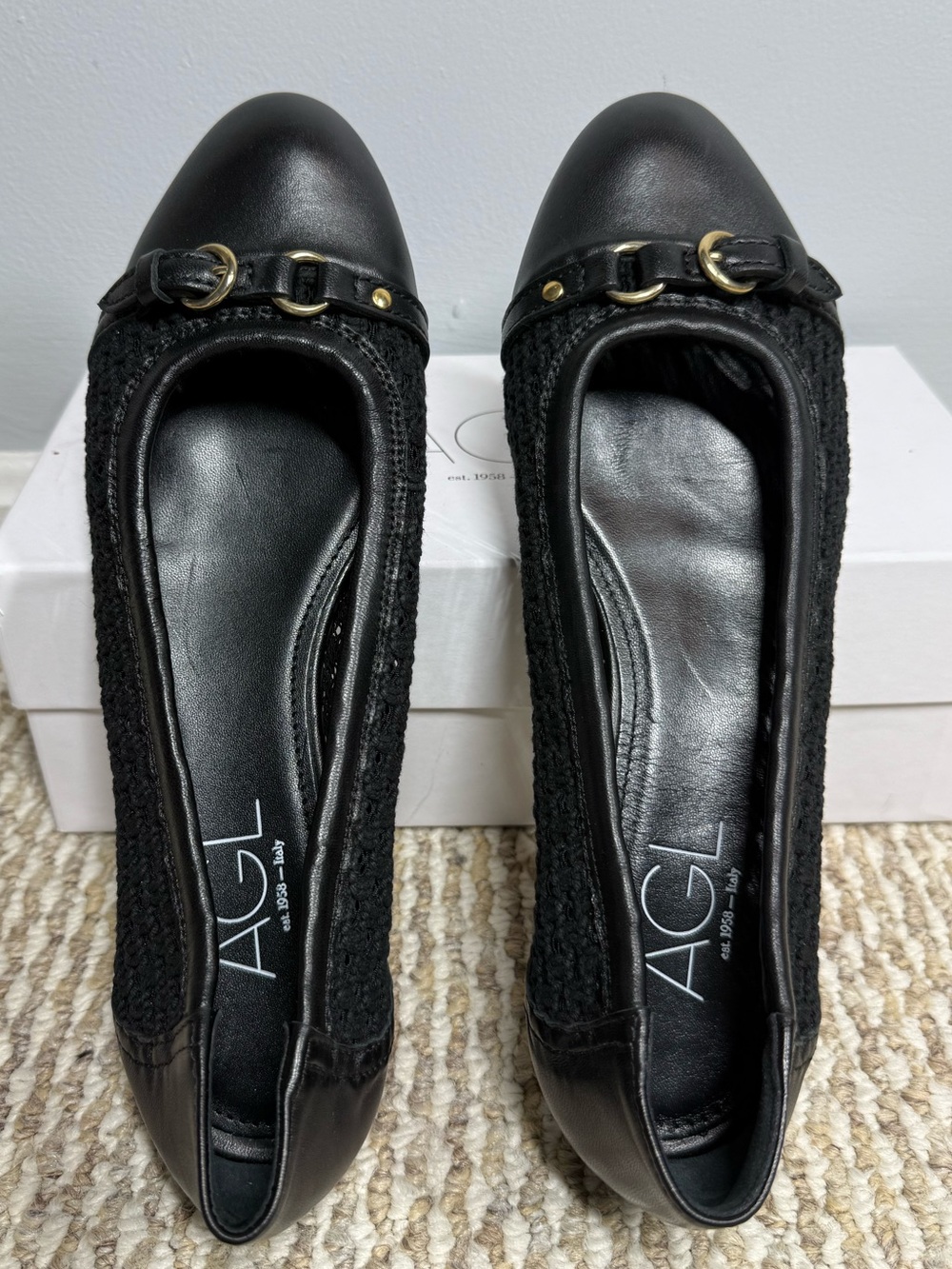 NWT AGL Mae Cap Toe Tweed Ballet Flats Black Gold Italy EU 41 US 10